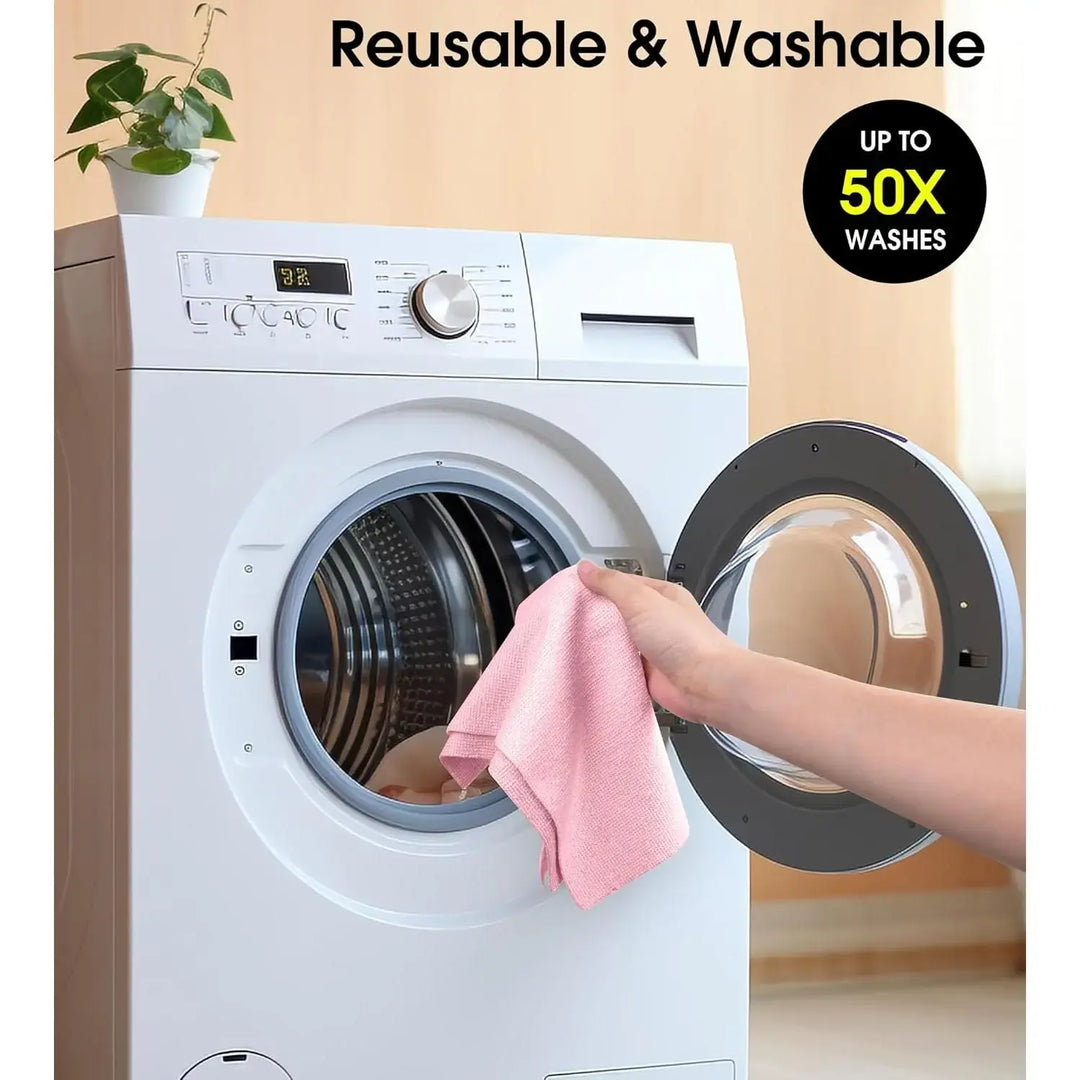 Reusable Microfiber Cleaning Cloths in a washing machine, highlighting their washable feature and durability for up to 50 uses.