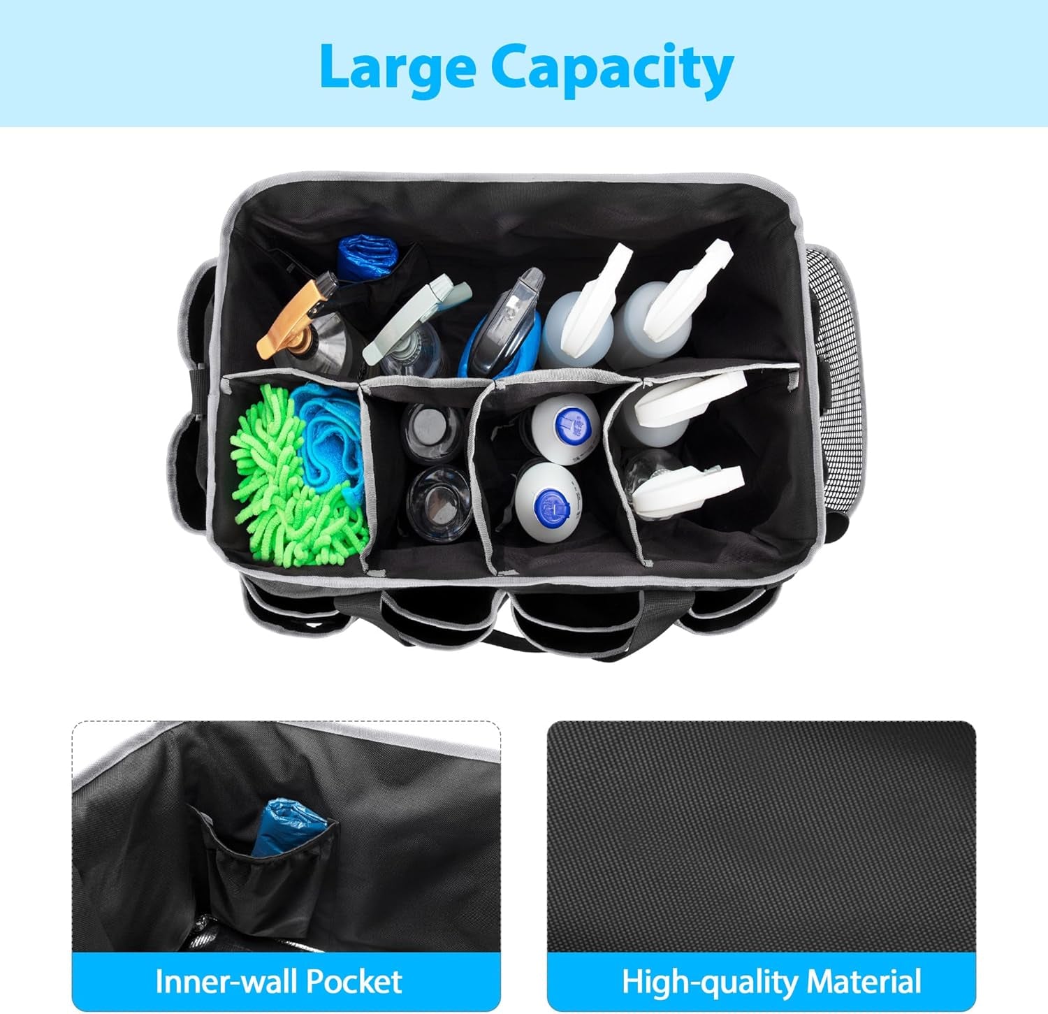 Extra-Large Wearable Cleaning Caddy & Large Cleaning Apron, Cleaning Organizer Bag with Pad, Handle & House Cleaning Apron with Dual Shoulder Straps for Cleaning Tools Storage, Gray Edge