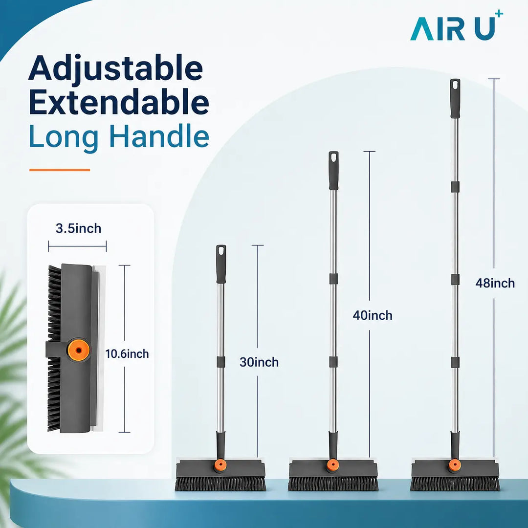 3-in-1 Adjustable Long Handle Floor Brush — Stiff Bristles &amp; Silicone Squeegee, 360° Rotating