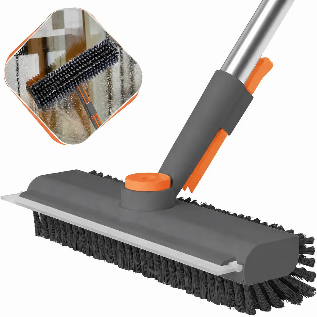 3-in-1 Adjustable Long Handle Floor Brush — Stiff Bristles &amp; Silicone Squeegee, 360° Rotating
