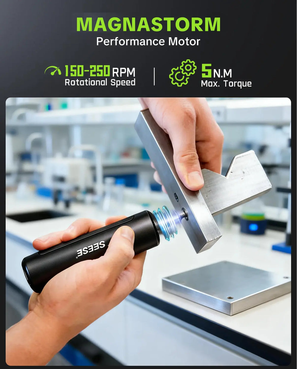 Seese Cordless Electric Screwdriver showcasing MAGNASTORM motor performance in a workshop setting with adjustable speed and torque.