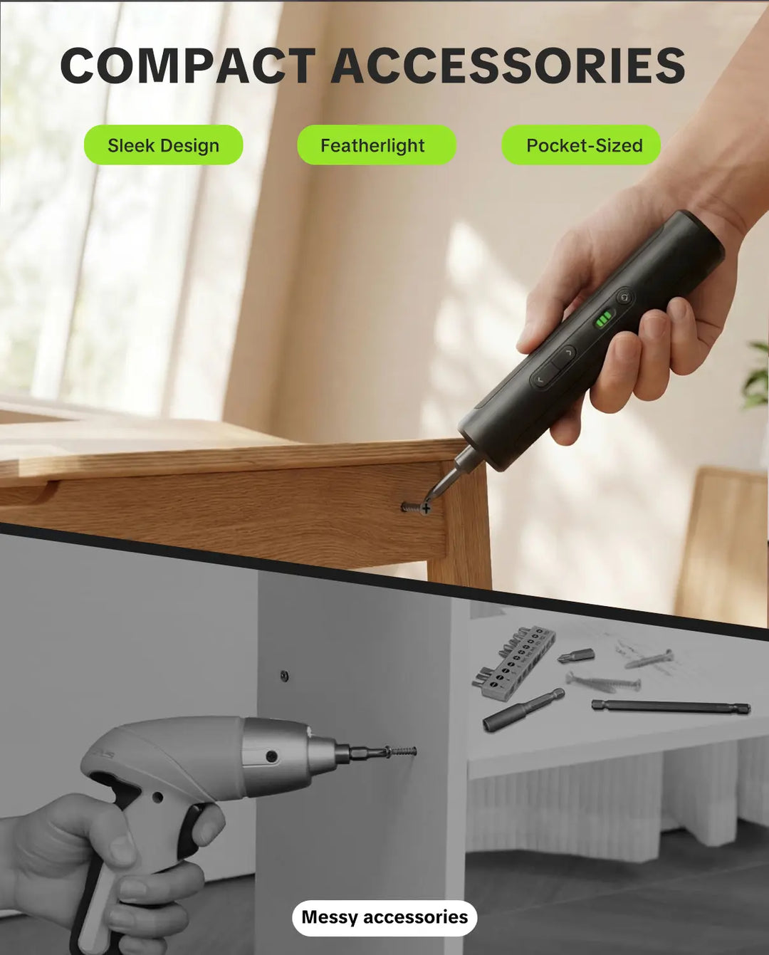 Seese Cordless Electric Screwdriver shown in use with compact accessories for convenient DIY projects and repairs.