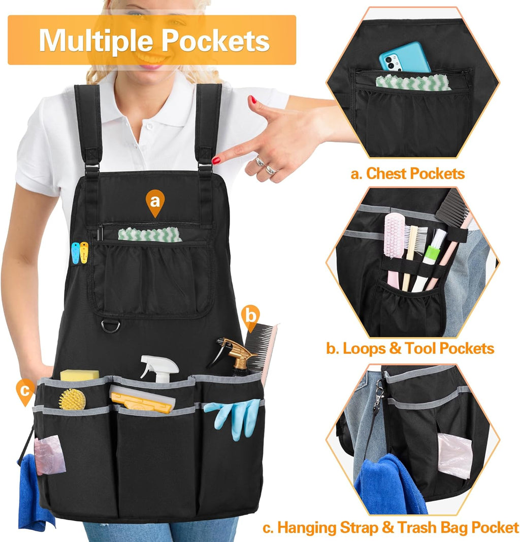 Extra-Large Wearable Cleaning Caddy & Large Cleaning Apron, Cleaning Organizer Bag with Pad, Handle & House Cleaning Apron with Dual Shoulder Straps for Cleaning Tools Storage, Gray Edge