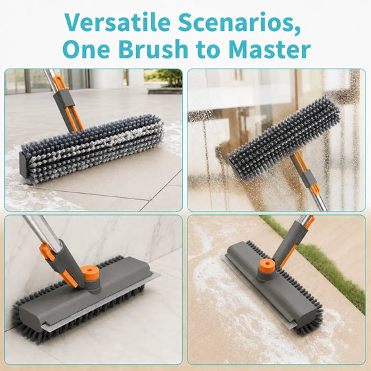 3-in-1 Adjustable Long Handle Floor Brush — Stiff Bristles &amp; Silicone Squeegee, 360° Rotating