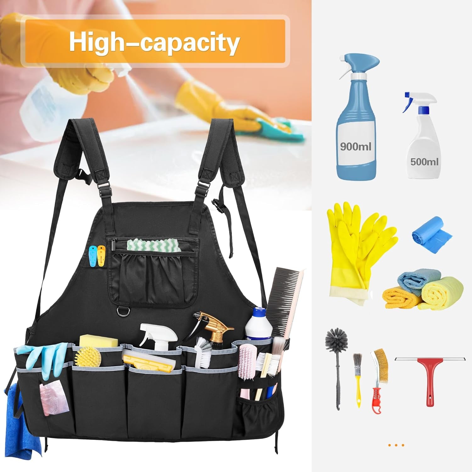 Extra-Large Wearable Cleaning Caddy & Large Cleaning Apron, Cleaning Organizer Bag with Pad, Handle & House Cleaning Apron with Dual Shoulder Straps for Cleaning Tools Storage, Gray Edge