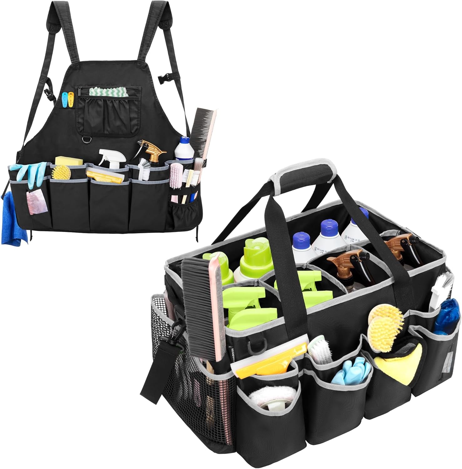 Extra-Large Wearable Cleaning Caddy & Large Cleaning Apron, Cleaning Organizer Bag with Pad, Handle & House Cleaning Apron with Dual Shoulder Straps for Cleaning Tools Storage, Gray Edge