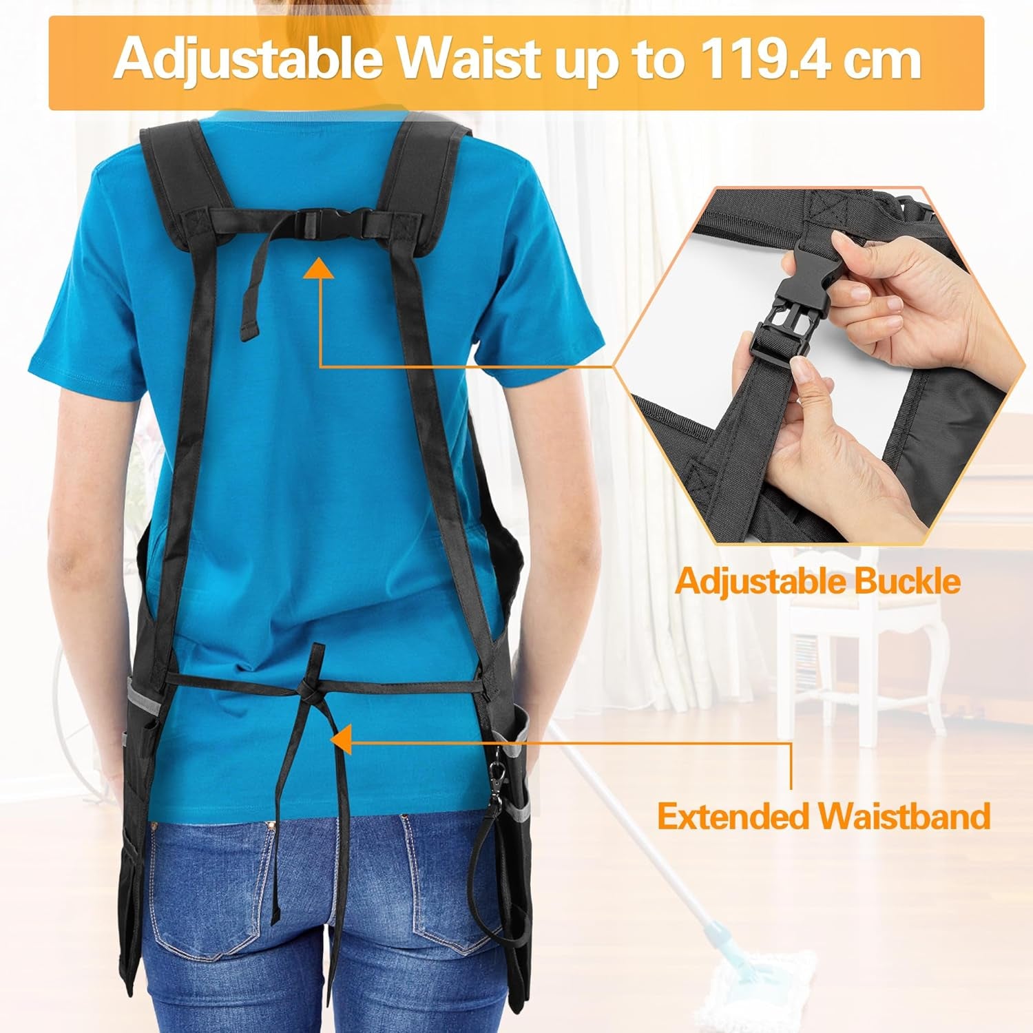 Extra-Large Wearable Cleaning Caddy & Large Cleaning Apron, Cleaning Organizer Bag with Pad, Handle & House Cleaning Apron with Dual Shoulder Straps for Cleaning Tools Storage, Gray Edge
