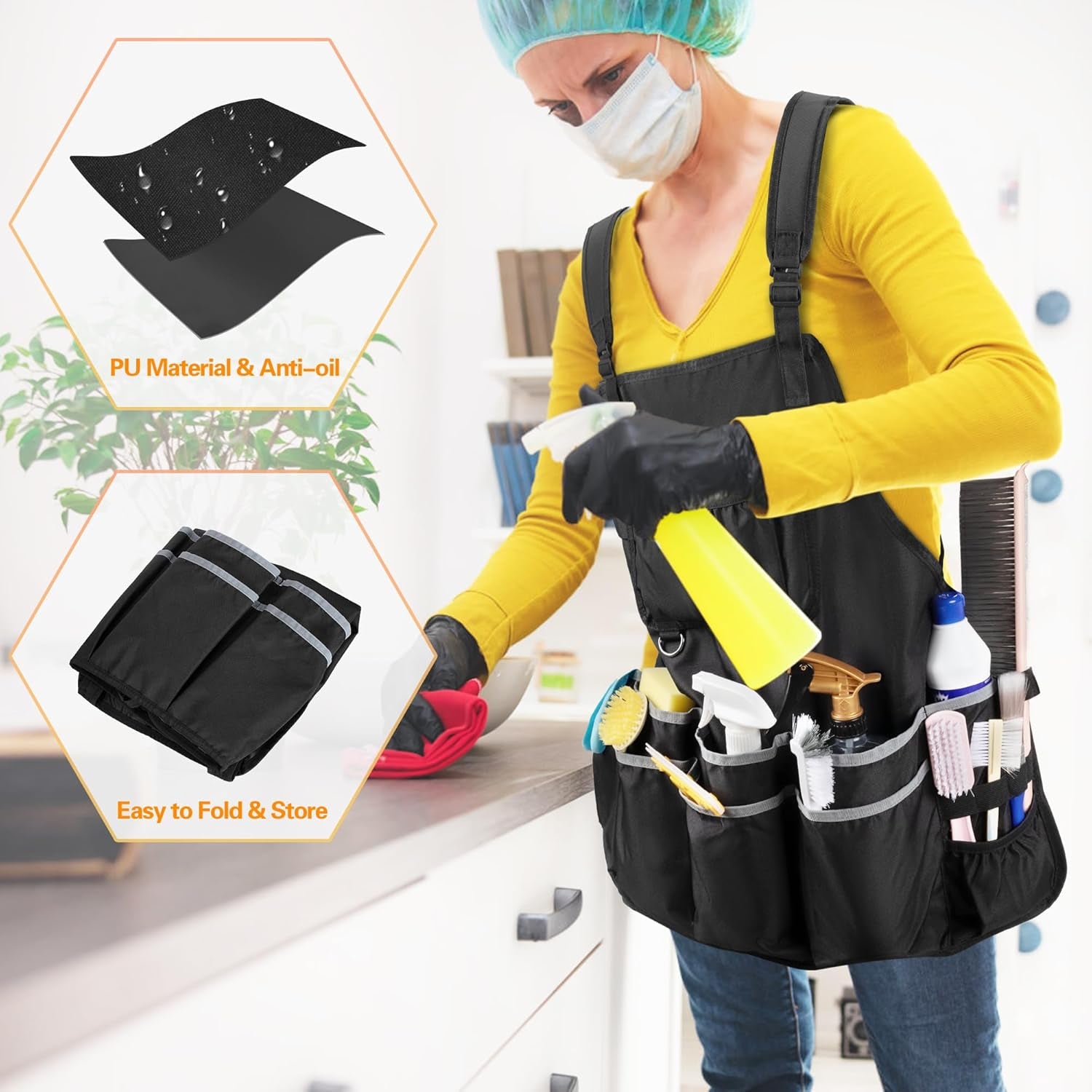 Extra-Large Wearable Cleaning Caddy & Large Cleaning Apron, Cleaning Organizer Bag with Pad, Handle & House Cleaning Apron with Dual Shoulder Straps for Cleaning Tools Storage, Gray Edge