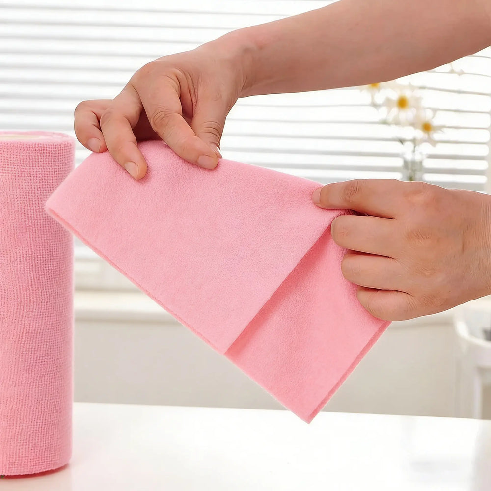 Person demonstrating Reusable Microfiber Cleaning Cloths in pink, showcasing their soft and absorbent features.