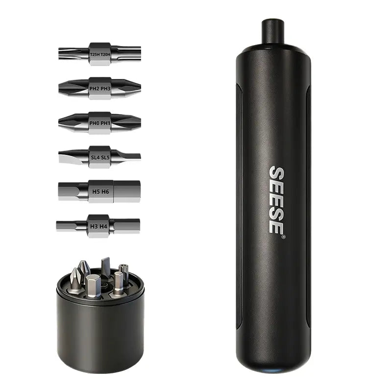 Seese Cordless Electric Screwdriver with 6 interchangeable bits for varied DIY tasks, showcasing precision and convenience.