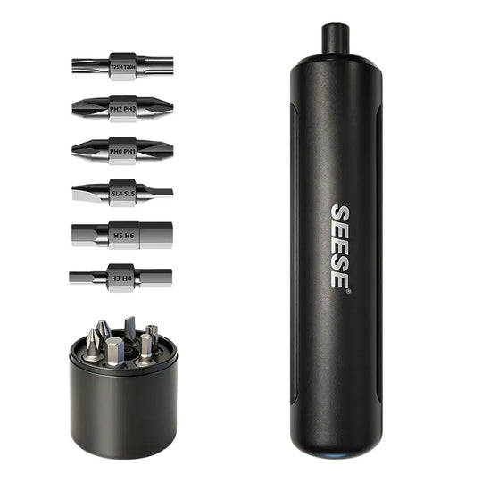Seese Cordless Electric Screwdriver with 6 interchangeable bits for varied DIY tasks, showcasing precision and convenience.