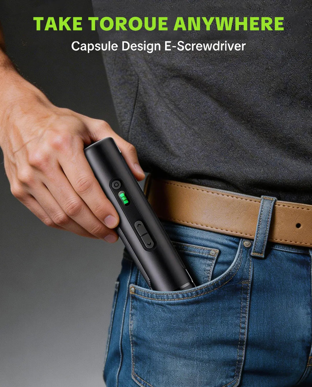 Seese Cordless Electric Screwdriver shown being stored in a pocket, showcasing its portable capsule design.