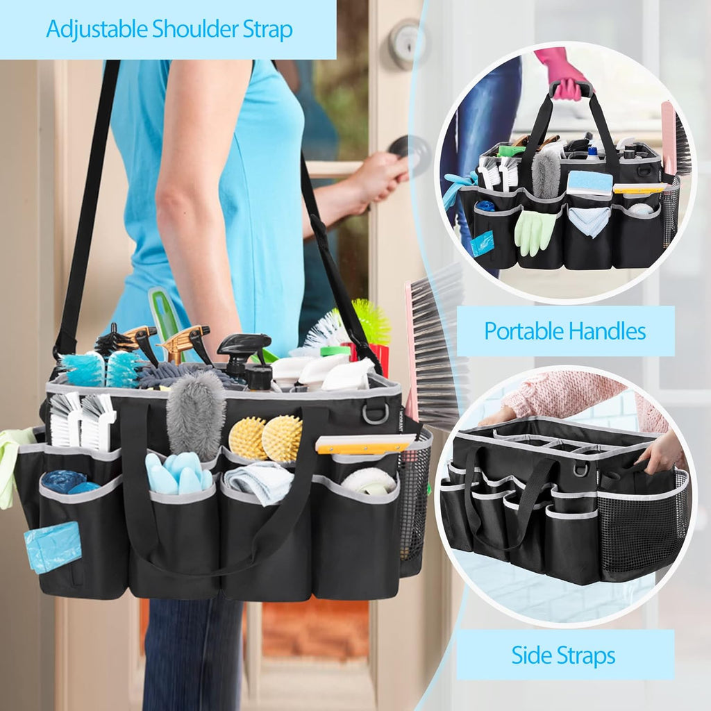 Extra-Large Wearable Cleaning Caddy & Large Cleaning Apron, Cleaning Organizer Bag with Pad, Handle & House Cleaning Apron with Dual Shoulder Straps for Cleaning Tools Storage, Gray Edge