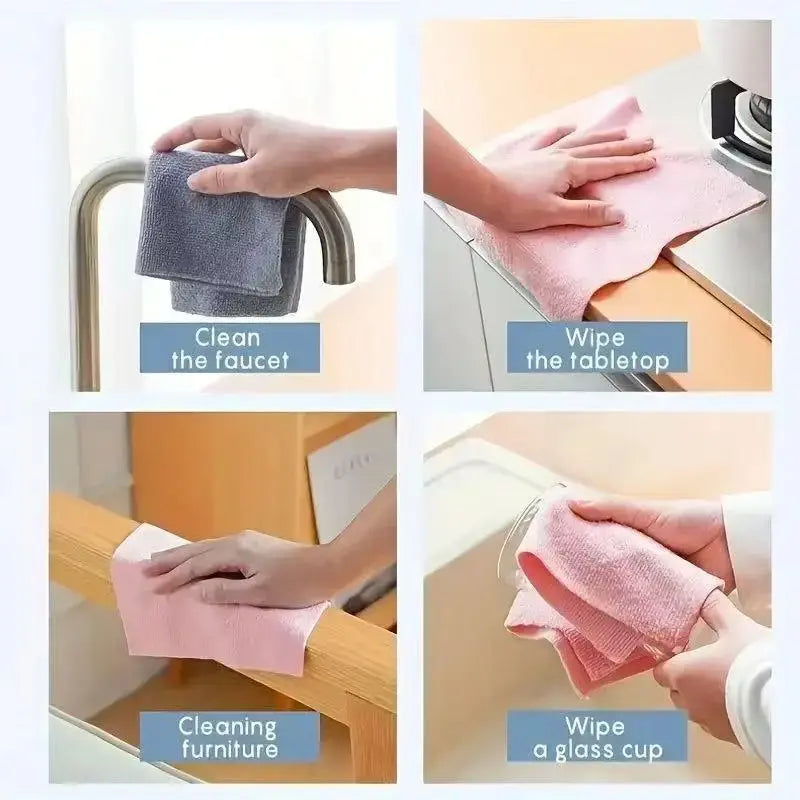 Image showing Reusable Microfiber Cleaning Cloths in use: cleaning the faucet, wiping a tabletop, cleaning furniture, and wiping a glass cup.