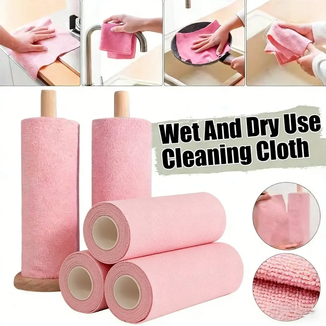 Reusable Microfiber Cleaning Cloths in pink, ideal for wet and dry cleaning, shown on rolls for convenient use.