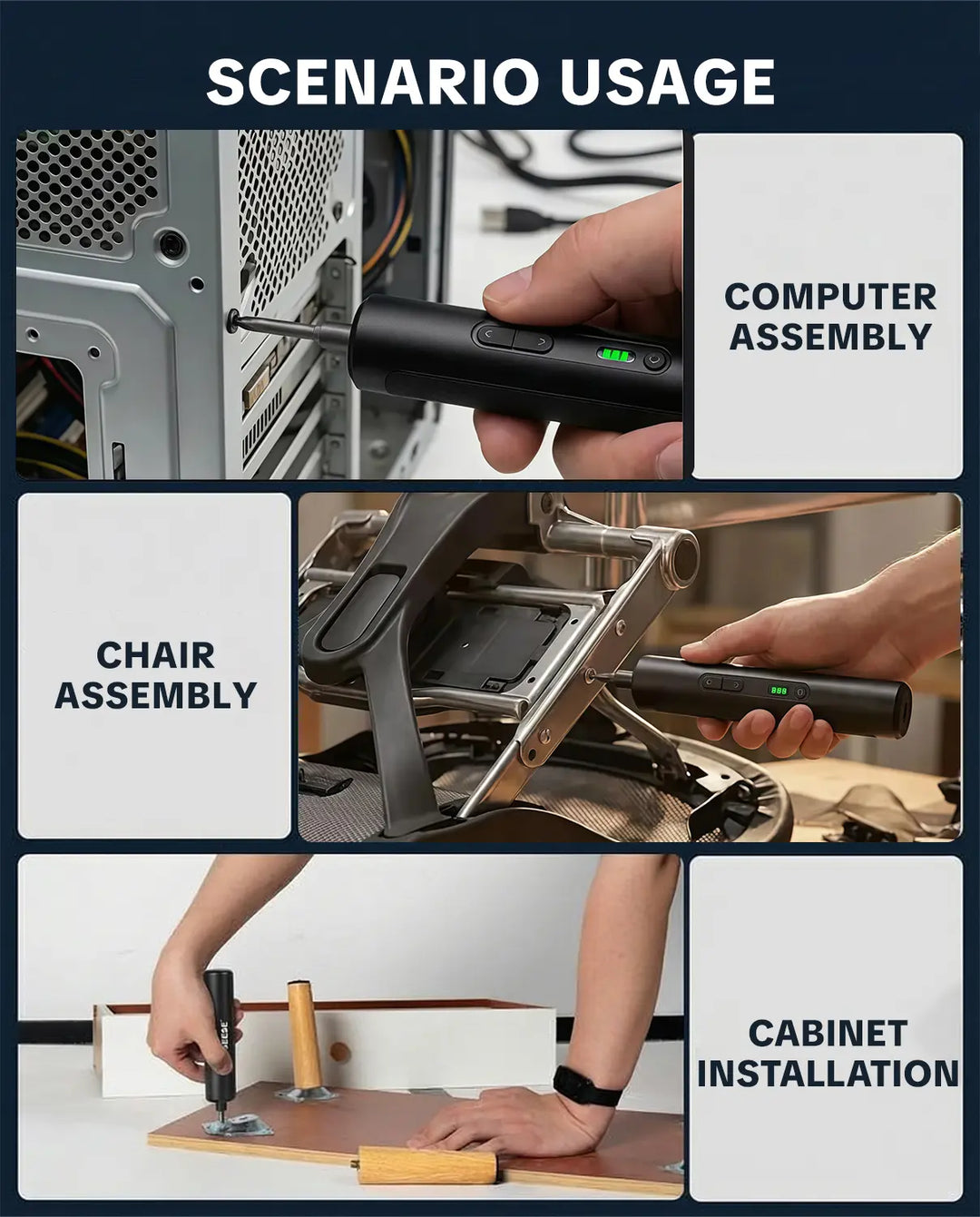 Seese Cordless Electric Screwdriver in action during computer assembly, chair assembly, and cabinet installation.