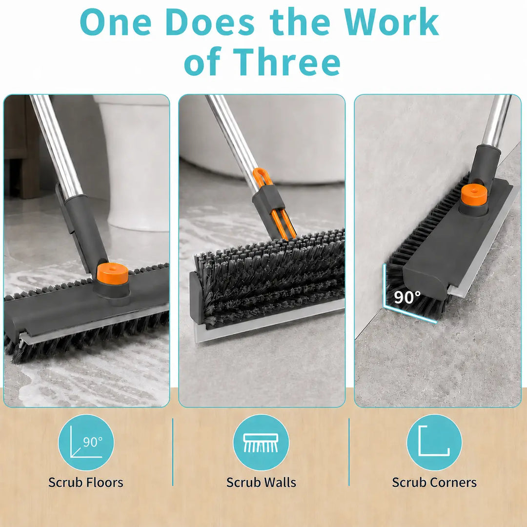 3-in-1 Adjustable Long Handle Floor Brush — Stiff Bristles &amp; Silicone Squeegee, 360° Rotating