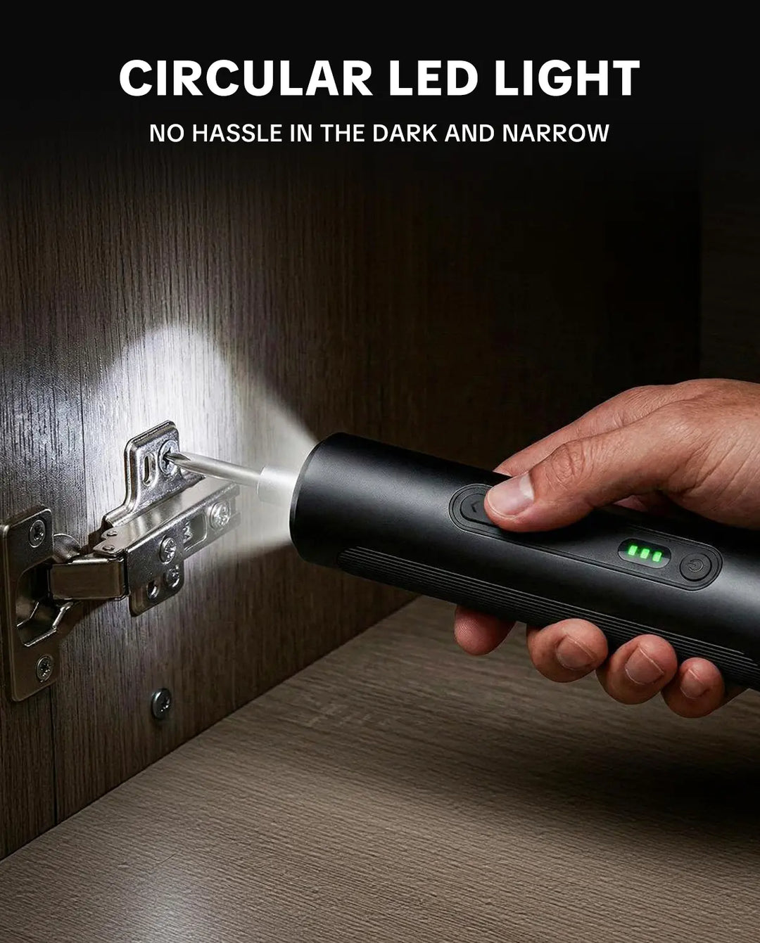 Seese Cordless Electric Screwdriver with circular LED light illuminating a hinge for precise visibility in dark spaces.