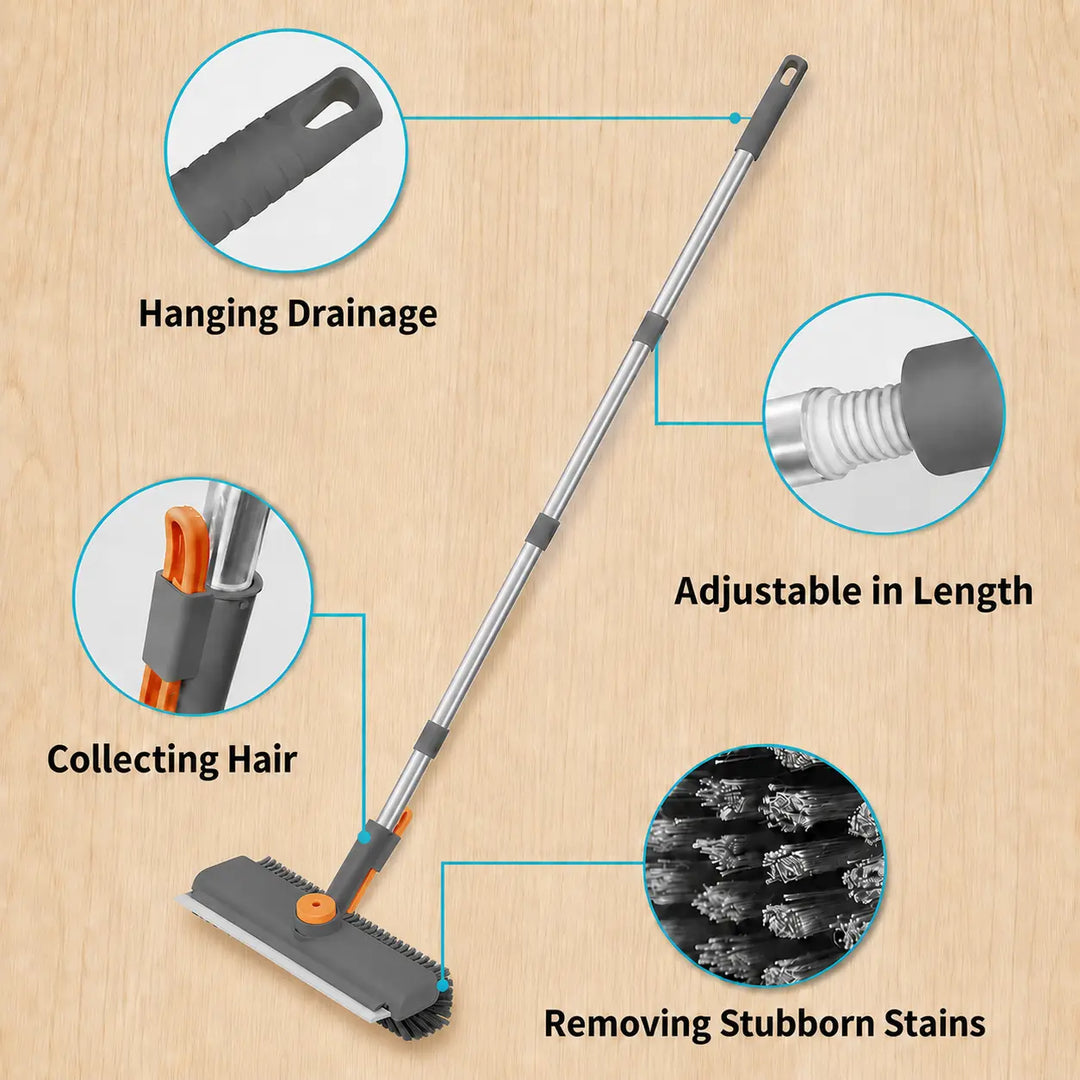 3-in-1 Adjustable Long Handle Floor Brush — Stiff Bristles &amp; Silicone Squeegee, 360° Rotating